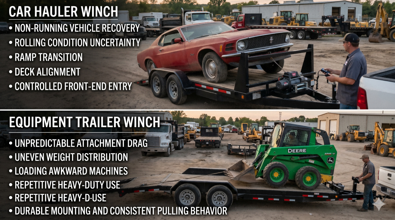 Car hauler winch and equipment trailer winch priorities compared for vehicle recovery, ramp transition, attachment drag, and heavy-duty loading